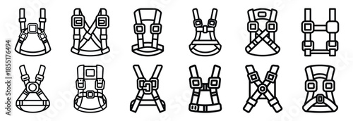 Set of outline icons safety harness . construction simple line isolated icon set collection