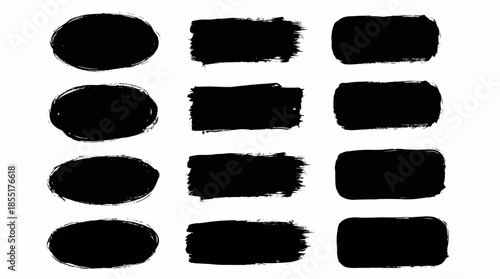 Vector Brushstroke Shape Collection – 12 Black Textured Strokes for Artistic Highlights, Graphic Frames, and Creative Design Templates