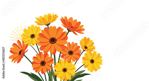 Vibrant bouquet of numerous orange and yellow daisies or marigolds with green stems and leaves against a pure white background.