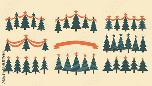 Collection of hand-drawn Christmas tree borders and decorative elements with star toppers and garlands for festive holiday designs.