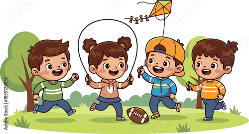 Group of happy children playing together in a green park with activities like jumping rope, flying a kite and playing football.