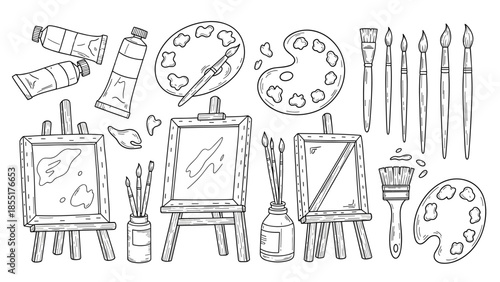 Hand-drawn doodle collection of various artist supplies, including easels, paint palettes, brushes, and tubes of paint.