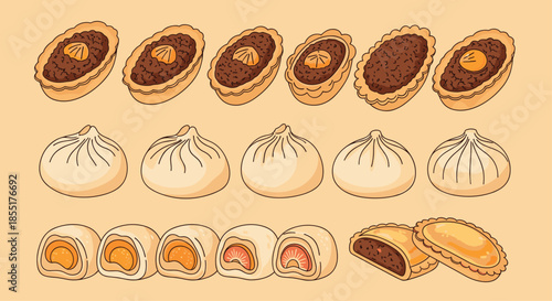 Detailed collection of diverse Asian dumplings, steamed buns, and sweet pastries filled with meat, vegetables, or fruit.