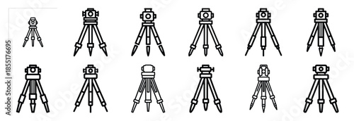 Set of outline icons survey tripod . construction simple line isolated icon set collection