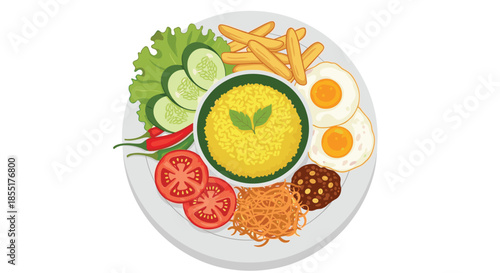 Traditional Malaysian nasi lemak served with yellow rice, fried eggs, french fries, cucumber slices, tomatoes, and spicy sambal on a white plate.