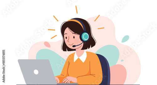 Friendly female customer support representative wearing a headset and working on a laptop computer with abstract colorful background shapes.
