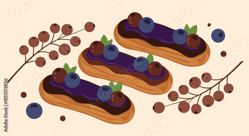 Delicious chocolate glazed eclairs topped with fresh blueberries and currants arranged on a light cream background with berry branches.
