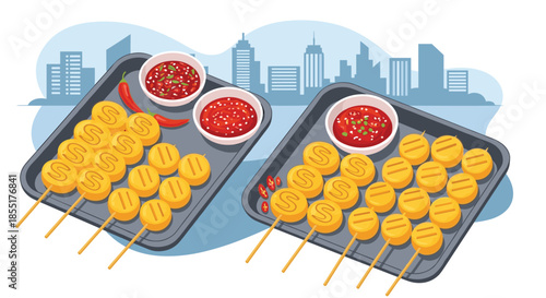 Grilled yellow meatball skewers served on trays with spicy red dipping sauces against a blue city skyline silhouette background.