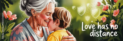 Grandmother hugging child illustration, happy family love and protection, senior woman and kid affection quote banner, green floral background