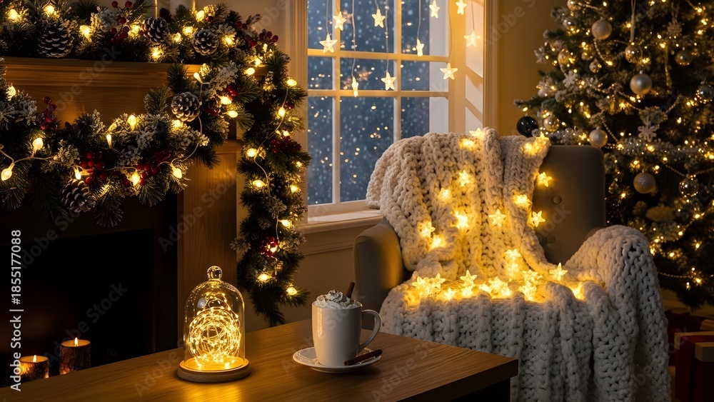 Fototapeta premium Cozy winter scene with christmas decor and warm lighting in a living room