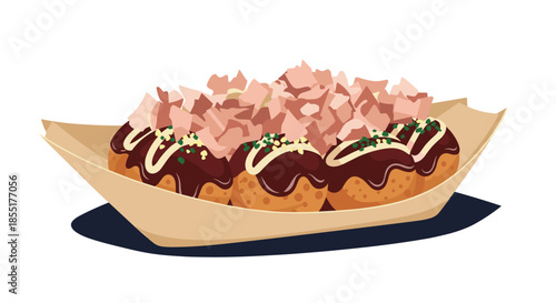 Traditional japanese takoyaki octopus balls drizzled with sauce and topped with bonito flakes served in a brown paper boat.