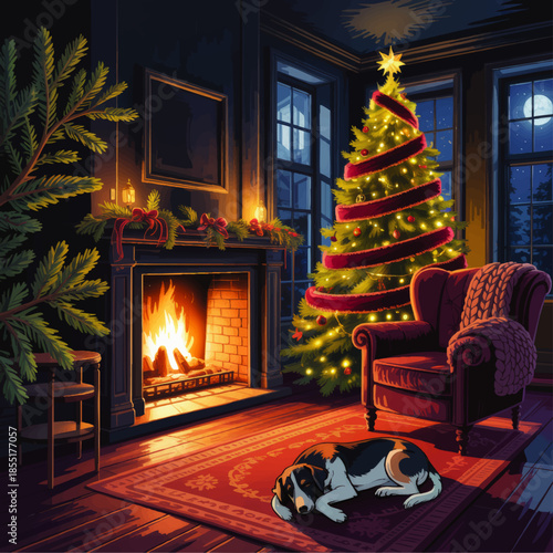 Cozy Christmas living room interior with fireplace, decorated tree, sleeping dog on rug and festive holiday night atmosphere
