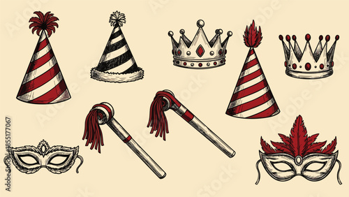 Vintage collection of hand-drawn party accessories, including hats, crowns, noise makers, and masquerade masks in a sketch style.