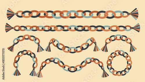 Collection of bohemian-style chain garlands with tassels in earthy tones of orange, blue, and black, perfect for rustic decor.