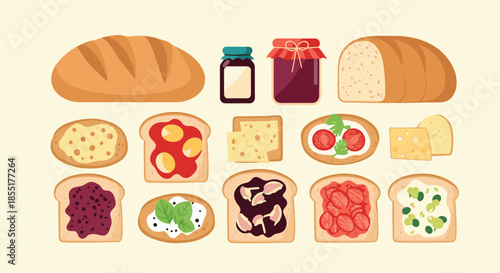Assortment of breakfast items featuring loaves of bread, jars of jam, and various topped toast slices on a light background.