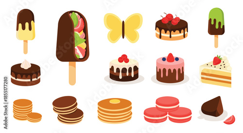 Wide variety of colorful sweet treats including cakes, ice cream, pancakes, macarons, and chocolates for a party celebration.
