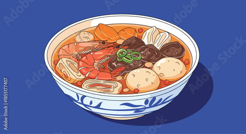 Large bowl of seafood noodle soup filled with shrimp, mushrooms, meatballs, and vegetables on a solid blue background.