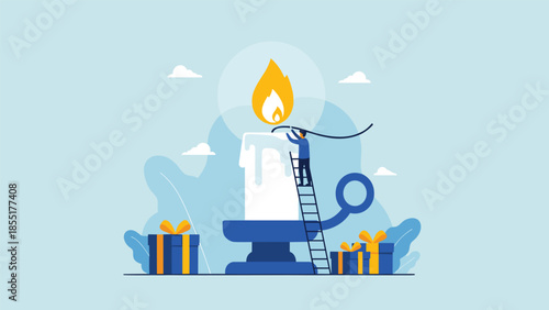 Holiday and celebration concept with a person on a ladder lighting a giant candle, surrounded by festive gift boxes.