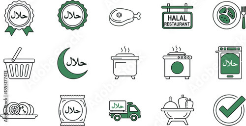 Halal food and restaurant icon set featuring halal certification stamps, meat, cooking, and delivery symbols in green line art style.