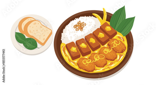 Plate of breaded meat cutlets served with rice and a side of sliced bread decorated with green leaves on a white background.