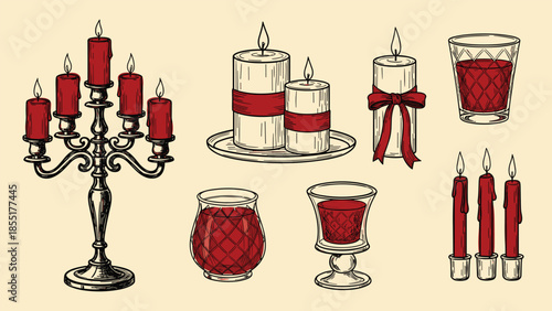 Vintage collection of hand-drawn candles, including candelabras, pillar candles, and glass holders in a red and black sketch style.