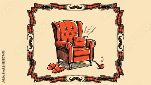 Vintage Father's Day illustration of a classic armchair with a pipe and slippers, set within a decorative, masculine frame.
