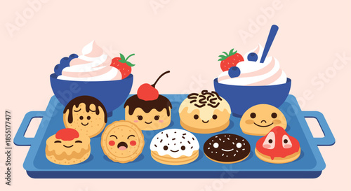Blue tray filled with an assortment of cute dessert characters and bowls of cream topped with berries on a pink background.