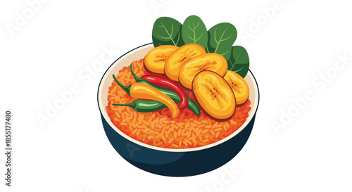 Bowl of spicy jollof rice topped with fried plantain slices, green leaves, and colorful chili peppers for a traditional meal.