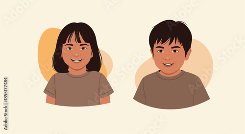Portrait of a young boy and girl with smiling faces and dark hair wearing simple brown t-shirts against soft background shapes.