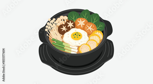 Traditional Japanese clay pot dish featuring udon noodles topped with shiitake mushrooms, green onions, and a fried egg.