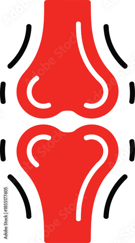 Vector illustration of a human knee joint with red bones and stress lines, ideal for medical or orthopedic design applications.