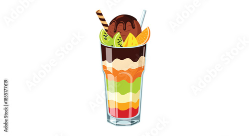 Refreshing fruit parfait layered with colorful cream and topped with chocolate ice cream, fresh orange, and kiwi slices.