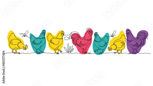 Continuous one-line drawing of chickens and roosters with colorful abstract shapes, creating a modern farm animal border design.