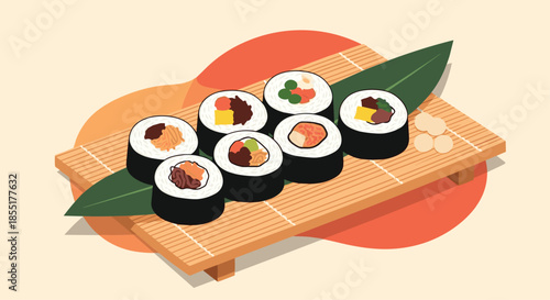 Various traditional Korean gimbap rolls filled with vegetables and meat, beautifully arranged on a wooden serving tray.