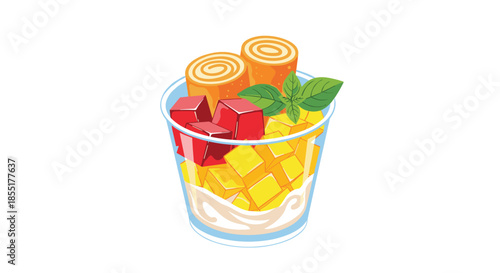 Delicious mango dessert cup layered with creamy yogurt and jelly cubes, topped with fresh mint leaves and cake rolls.