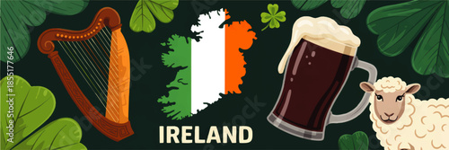 Ireland travel banner with harp shamrock map flag beer and sheep, festive Saint Patrick’s Day Irish culture flat vector illustration