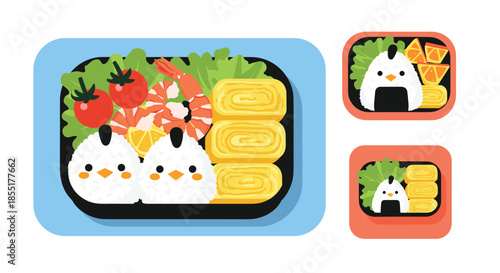 Adorable Japanese bento lunch box featuring chick-shaped onigiri, rolled tamagoyaki, cooked shrimp, and fresh vegetables.
