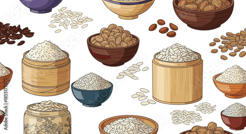 Pattern of different types of rice and grains displayed in traditional wooden and ceramic bowls on a white background.