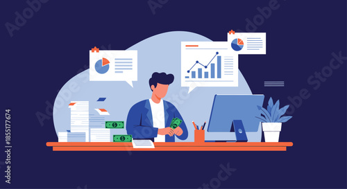 Busy professional man analyzing financial growth and business data on computer screens while working at his office desk.