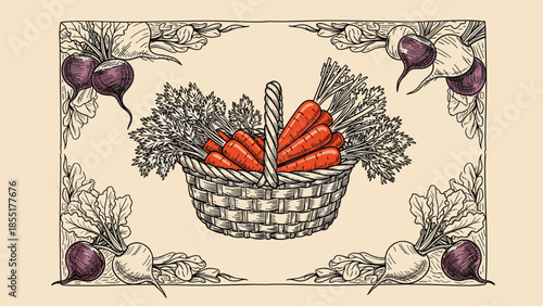 Vintage, hand-drawn illustration of a wicker basket full of fresh carrots, framed by decorative beetroots in the corners.