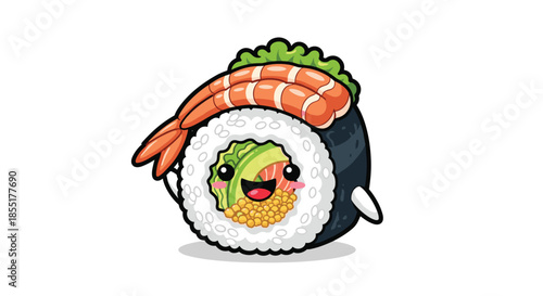 Happy cartoon character shaped like a sushi roll with a smiling face, salmon filling, and two cooked prawns on its head.