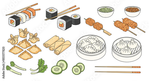 Diverse collection of Asian street foods including sushi rolls, spring rolls, steamed dumplings, and meat skewers with veggies.