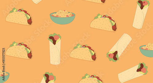 Seamless pattern of popular Mexican street food items including beef tacos, bean burritos, and bowls of fresh guacamole.