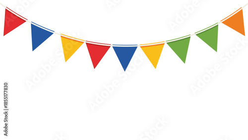 Simple and colorful party bunting with rainbow-colored triangular flags hanging on a string, isolated on a white background.
