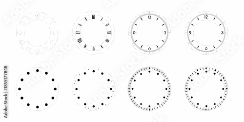 A series of circular clock faces and dotted circles in a grid layout