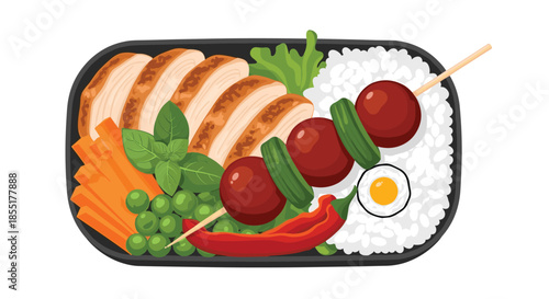 Nutritious lunch bento box containing grilled chicken slices, steamed white rice, green peas, and colorful vegetable skewers.