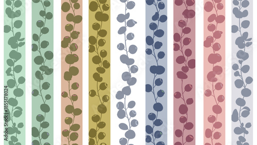 Seamless pattern featuring vertical stripes of eucalyptus or silver dollar plant silhouettes in a variety of muted, earthy colors.