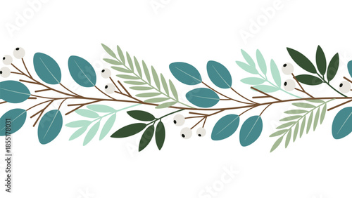 Seamless horizontal border of stylized eucalyptus and berry branches in shades of green and white, ideal for natural designs.