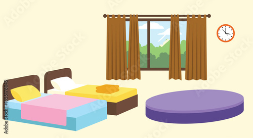 Simple bedroom interior featuring two twin beds with colorful bedding and a view of green trees through a large window.