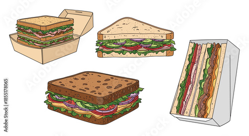 Assorted freshly prepared sandwiches and subs with meat and vegetable fillings, shown in different types of packaging.